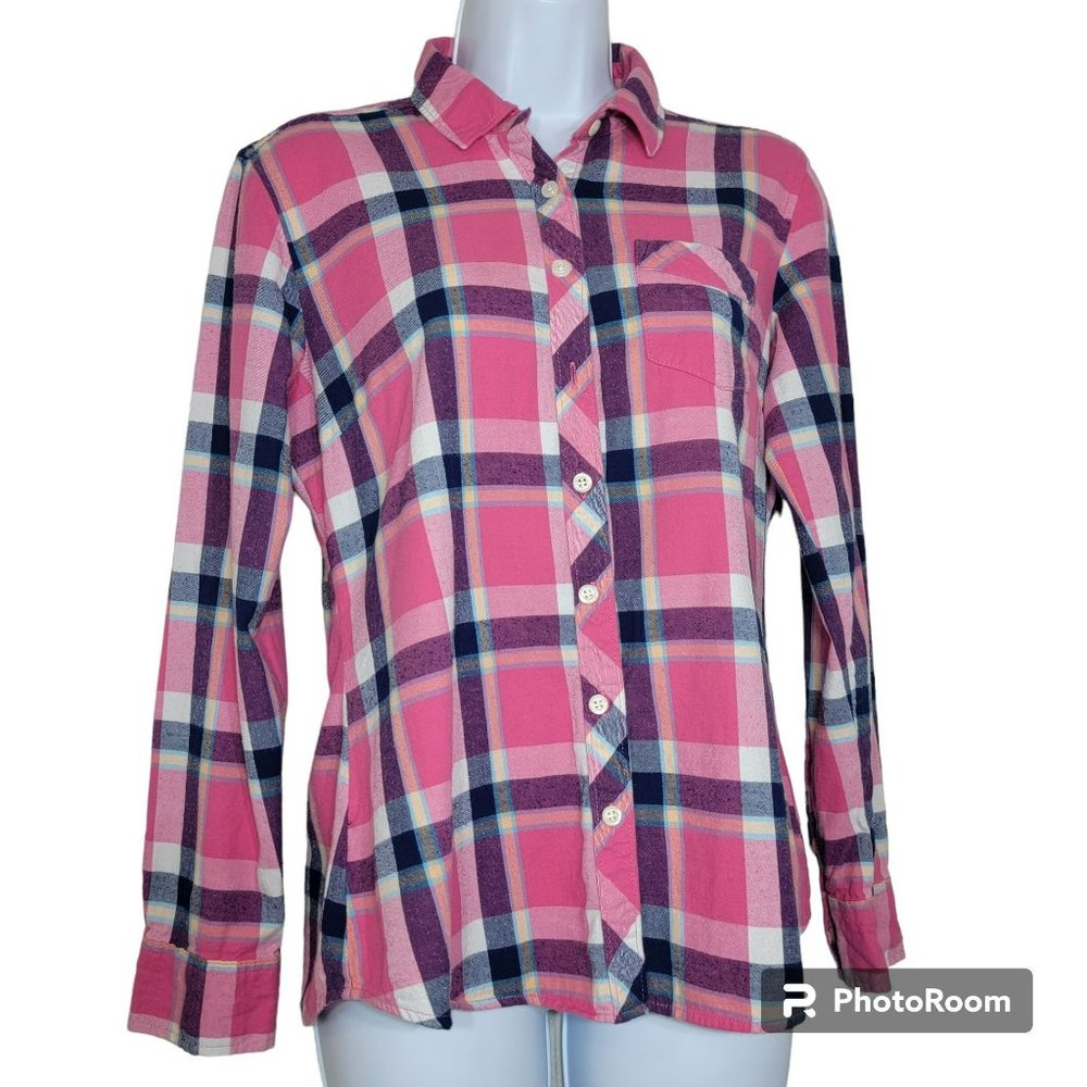 Eddie Bauer Flannel Shirt, Women S, Pink, Blue & White Plaid, Medium Weight, EUC
